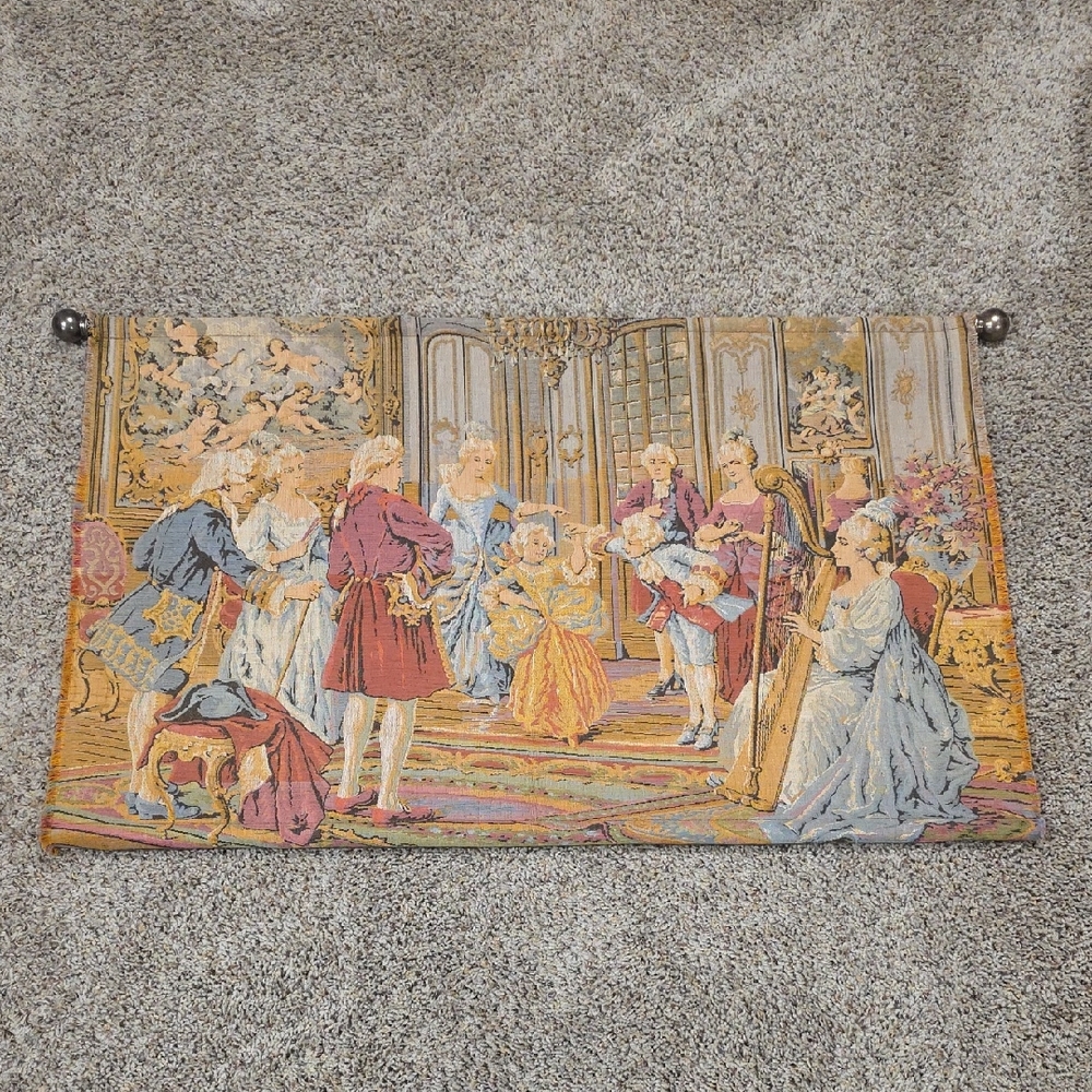 Elegant French Tapestry Wall Hanging with Rococo Classical Scene 38"L X 23"H